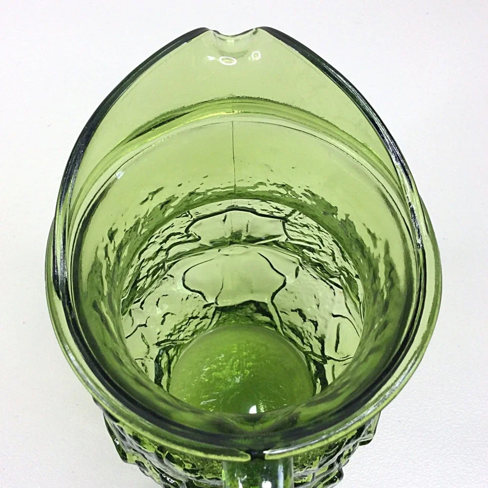 Vintage Anchor Hocking Rain Flower Avocado Green Glass Pitcher 60s 70s MCM